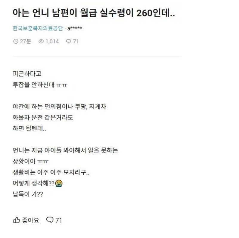 남편 월급 실수령 260이라 고민인 여자